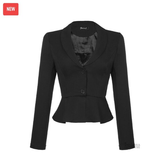 Cropped Blazer Work Office Peplum Ruffles Lapel Collar Long Sleeve